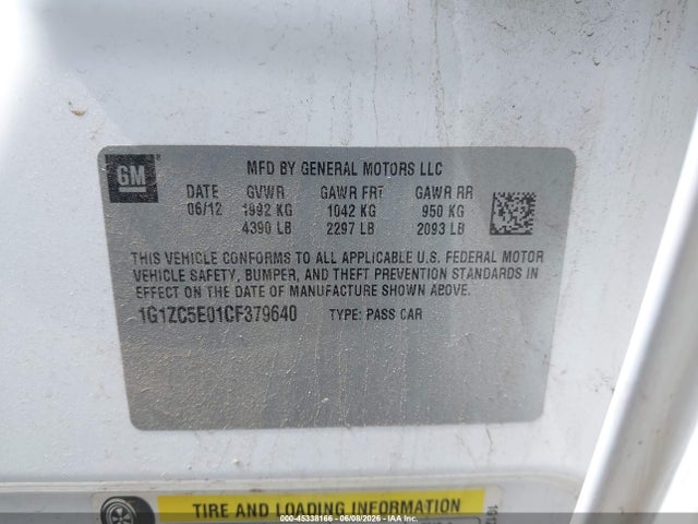45338166 :رقم المزاد ، 1G1ZC5E01CF379640 vin ، 2012 Chevrolet Malibu 1lt مزاد بيع