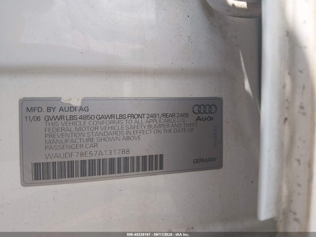Продаж на аукціоні авто 2007 Audi A4 2.0t, vin: WAUDF78E57A131788, номер лоту: 45338167