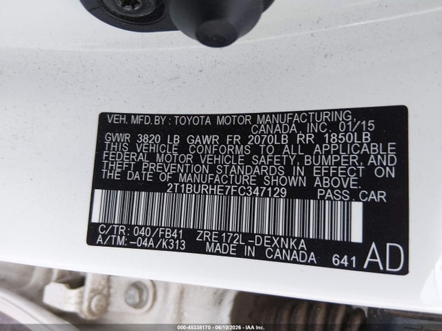 Aukcja sprzedaży 2015 Toyota Corolla Le Plus, vin: 2T1BURHE7FC347129, numer aukcji: 45338170