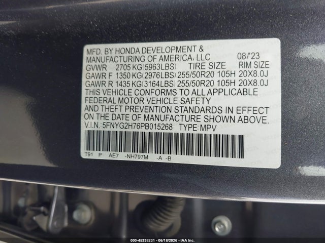 5FNYG2H76PB015268 Honda Pilot 2wd Touring