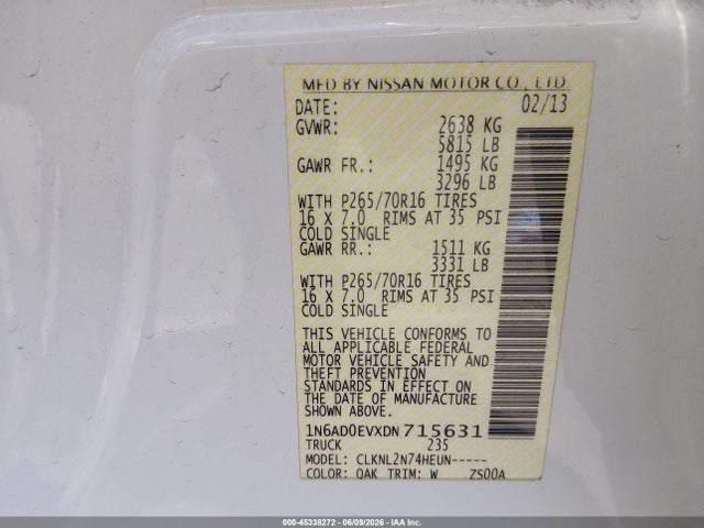 Auction sale of the 2013 Nissan Frontier Sv, vin: 1N6AD0EVXDN715631, lot number: 45338272
