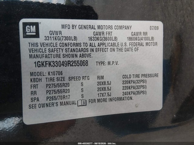 2009 Gmc Yukon Slt W/4sa მანქანა იყიდება აუქციონზე, vin: 1GKFK33049R255068, აუქციონის ნომერი: 45338277