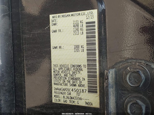 Продажа на аукционе авто 2014 Nissan Maxima 3.5 S, vin: 1N4AA5AP2EC450187, номер лота: 45338278