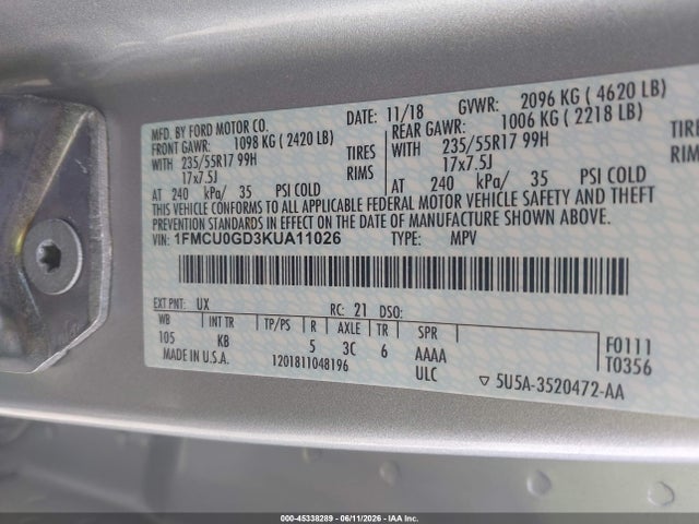 Aukcja sprzedaży 2019 Ford Escape Se, vin: 1FMCU0GD3KUA11026, numer aukcji: 45338289