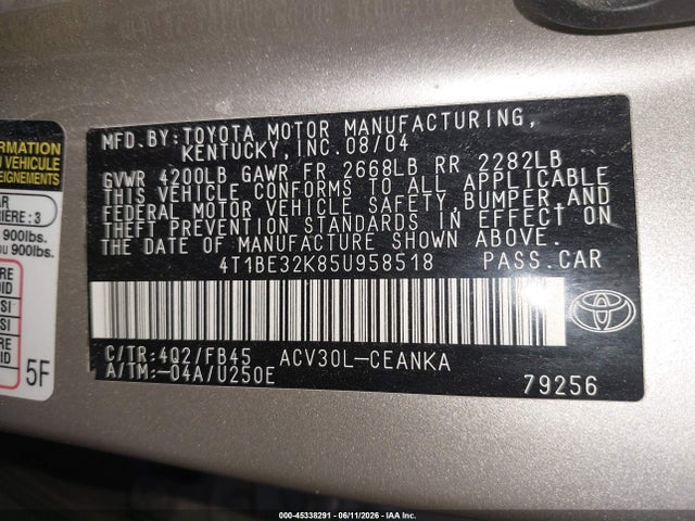 Aukcja sprzedaży 2005 Toyota Camry Le, vin: 4T1BE32K85U958518, numer aukcji: 45338291
