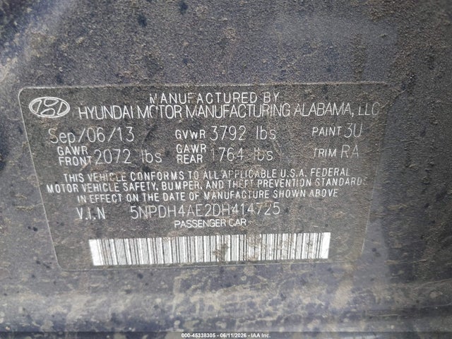 Продаж на аукціоні авто 2013 Hyundai Elantra Gls, vin: 5NPDH4AE2DH414725, номер лоту: 45338305