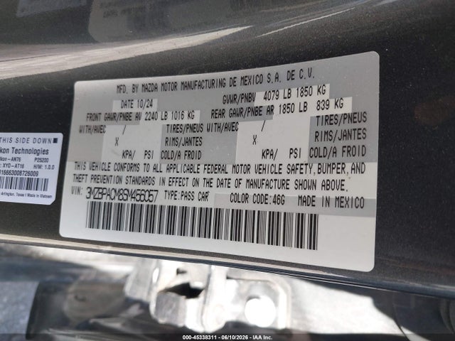 Aukcja sprzedaży 2025 Mazda Mazda3 2.5 S Preferred, vin: 3MZBPACM8SM456057, numer aukcji: 45338311