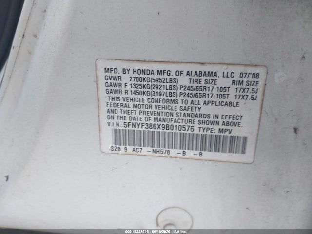 Продажа на аукционе авто 2009 Honda Pilot Ex-l, vin: 5FNYF386X9B010576, номер лота: 45338315