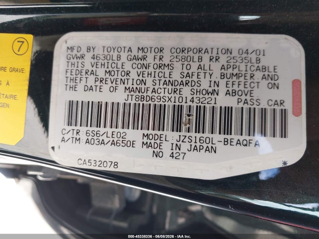 Aukcja sprzedaży 2001 Lexus Gs 300, vin: JT8BD69SX10143221, numer aukcji: 45338336