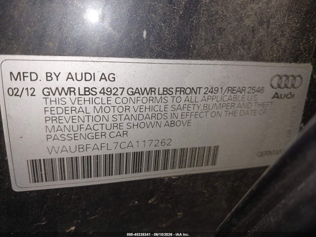 2012 Audi A4 2.0t Premium მანქანა იყიდება აუქციონზე, vin: WAUBFAFL7CA117262, აუქციონის ნომერი: 45338341
