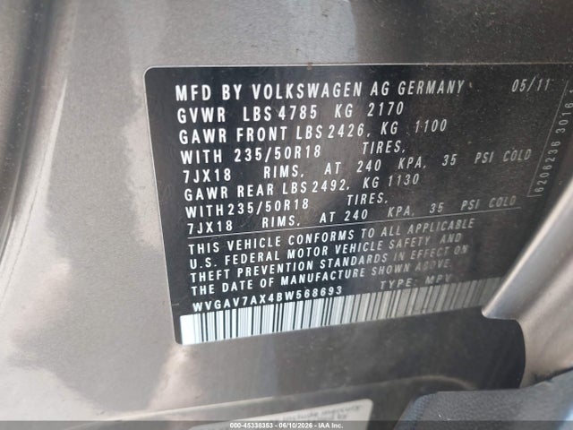Продажа на аукционе авто 2011 Volkswagen Tiguan Sel, vin: WVGAV7AX4BW568693, номер лота: 45338353