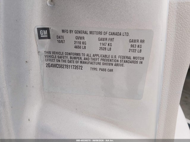 Продаж на аукціоні авто 2008 Buick Lacrosse Cx, vin: 2G4WC582781172672, номер лоту: 45338370