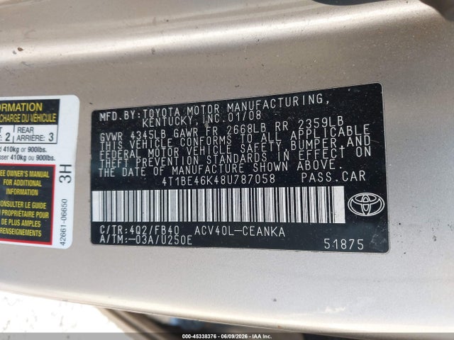 Продажа на аукционе авто 2008 Toyota Camry Le, vin: 4T1BE46K48U787058, номер лота: 45338376