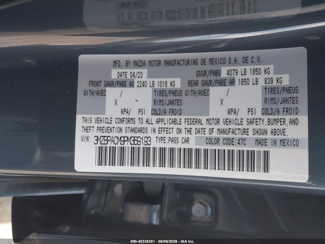 45338381 :رقم المزاد ، 3MZBPACM9PM369193 vin ، 2023 Mazda Mazda3 2.5 S Carbon Edition مزاد بيع