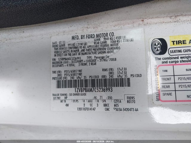 Продаж на аукціоні авто 2012 Ford Mustang V6 Premium, vin: 1ZVBP8AM7C5236993, номер лоту: 45338389