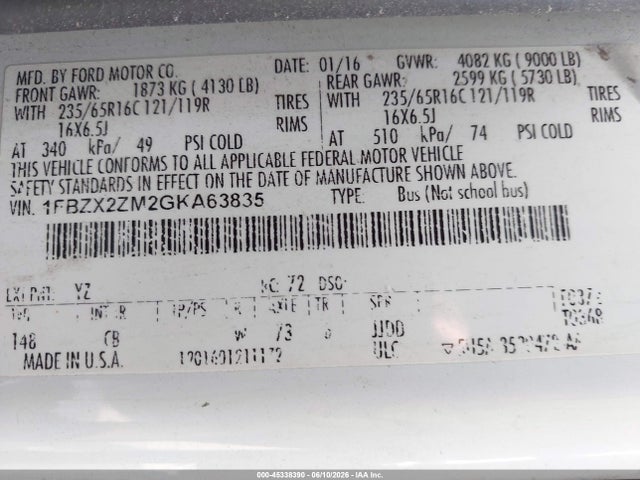 Auction sale of the 2016 Ford Transit-350 Xlt, vin: 1FBZX2ZM2GKA63835, lot number: 45338390