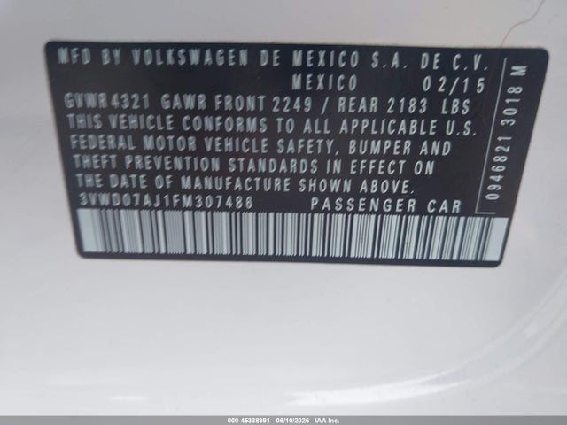 Aukcja sprzedaży 2015 Volkswagen Jetta 1.8t Se, vin: 3VWD07AJ1FM307486, numer aukcji: 45338391