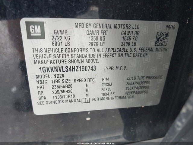 Aukcja sprzedaży 2017 Gmc Acadia Slt-1, vin: 1GKKNVLS4HZ150743, numer aukcji: 45338419