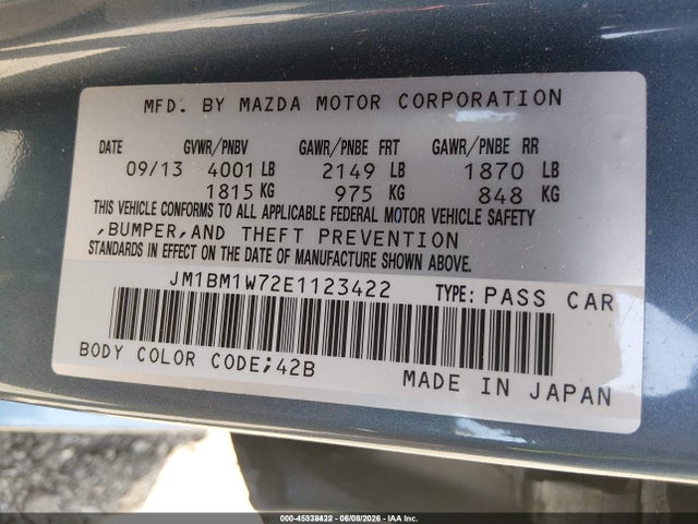 Aukcja sprzedaży 2014 Mazda Mazda3 I Grand Touring, vin: JM1BM1W72E1123422, numer aukcji: 45338422