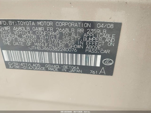 2008 Lexus Es 350 მანქანა იყიდება აუქციონზე, vin: JTHBJ46G382240076, აუქციონის ნომერი: 45338460