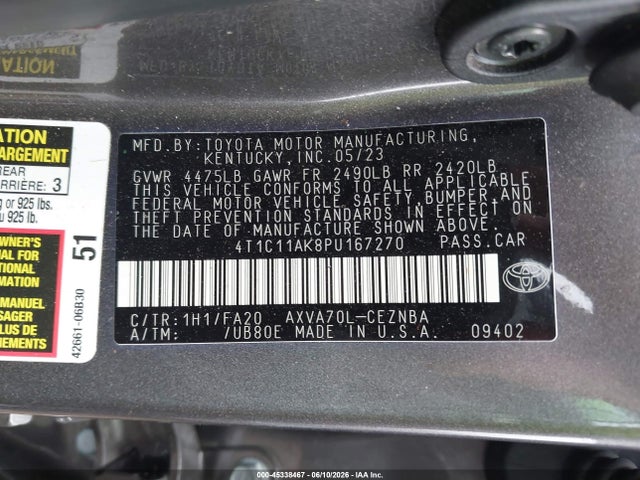 2023 Toyota Camry Le მანქანა იყიდება აუქციონზე, vin: 4T1C11AK8PU167270, აუქციონის ნომერი: 45338467