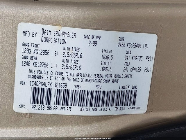 45338470 :رقم المزاد ، 1C4GP64L7XB821659 vin ، 1999 Chrysler Town & Country Limited مزاد بيع