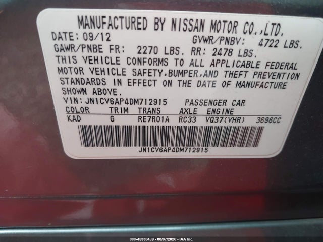 Продажа на аукционе авто 2013 Infiniti G37 Journey, vin: JN1CV6AP4DM712915, номер лота: 45338489