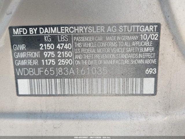 Продаж на аукціоні авто 2003 Mercedes-benz E 320, vin: WDBUF65J83A161035, номер лоту: 45338507