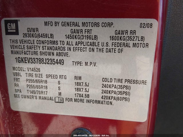 Aukcja sprzedaży 2008 Gmc Acadia Slt-2, vin: 1GKEV33788J235449, numer aukcji: 45338520