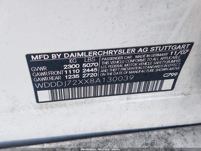 45338524 :رقم المزاد ، WDDDJ72XX8A130039 vin ، 2008 Mercedes-benz Cls 550 مزاد بيع
