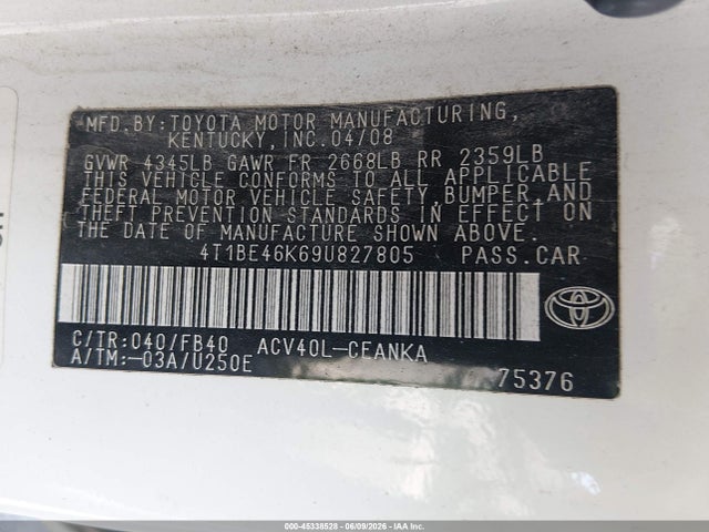 2009 Toyota Camry Le მანქანა იყიდება აუქციონზე, vin: 4T1BE46K69U827805, აუქციონის ნომერი: 45338528