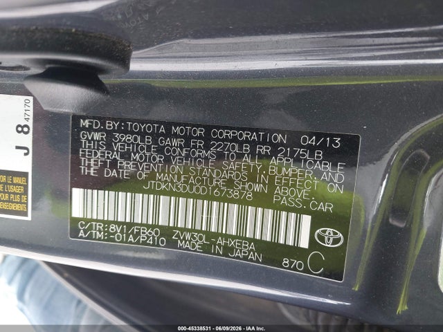 Aukcja sprzedaży 2013 Toyota Prius Two, vin: JTDKN3DU0D1673878, numer aukcji: 45338531