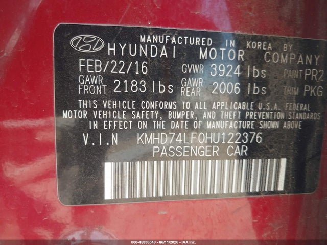 KMHD74LF0HU122376 Hyundai ELANTRA SE