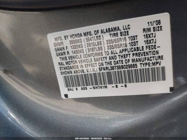 Aukcja sprzedaży 2009 Honda Odyssey Ex-l, vin: 5FNRL38739B029685, numer aukcji: 45338563