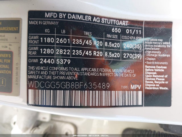 Aukcja sprzedaży 2011 Mercedes-benz Glk 350, vin: WDCGG5GB8BF635489, numer aukcji: 45338589