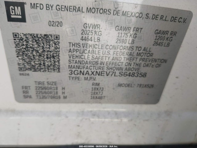 Продаж на аукціоні авто 2020 Chevrolet Equinox Fwd Premier 1.5l Turbo, vin: 3GNAXNEV7LS648358, номер лоту: 45338596