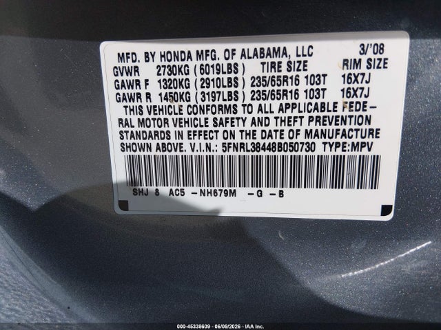 Aukcja sprzedaży 2008 Honda Odyssey Ex, vin: 5FNRL38448B050730, numer aukcji: 45338609