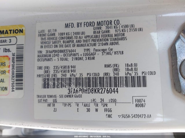 Aukcja sprzedaży 2019 Ford Fusion Se, vin: 3FA6P0HD8KR276044, numer aukcji: 45338642