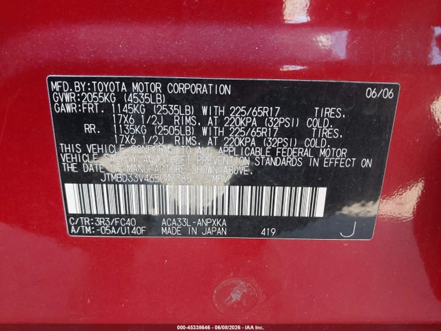45338646 :رقم المزاد ، JTMBD33V465043385 vin ، 2006 Toyota Rav4 مزاد بيع