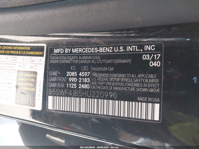 45338649 :رقم المزاد ، 55SWF4JB5HU220990 vin ، 2017 Mercedes-benz C 300 مزاد بيع