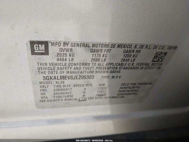 Aukcja sprzedaży 2018 Gmc Terrain Sle, vin: 3GKALMEV6JL295363, numer aukcji: 45338672