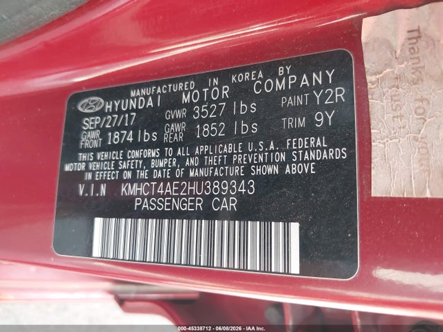Aukcja sprzedaży 2017 Hyundai Accent Se, vin: KMHCT4AE2HU389343, numer aukcji: 45338712