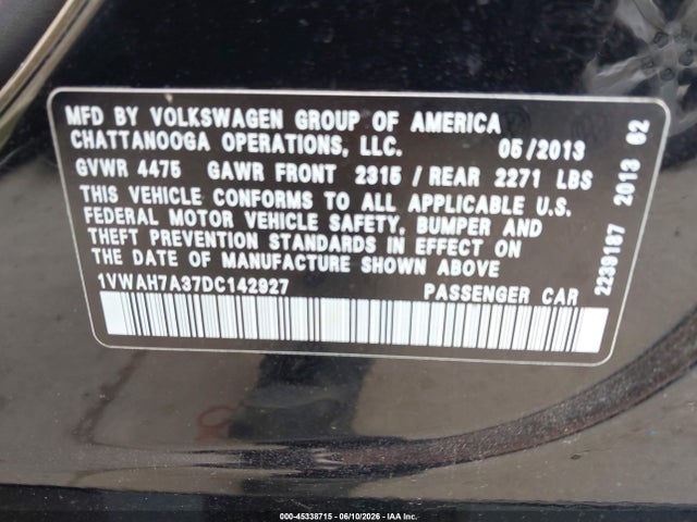 Aukcja sprzedaży 2013 Volkswagen Passat 2.5l Wolfsburg Edition, vin: 1VWAH7A37DC142927, numer aukcji: 45338715