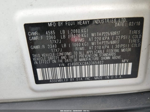 Aukcja sprzedaży 2010 Subaru Outback 2.5i Limited, vin: 4S4BRCKC8A3365402, numer aukcji: 45338724