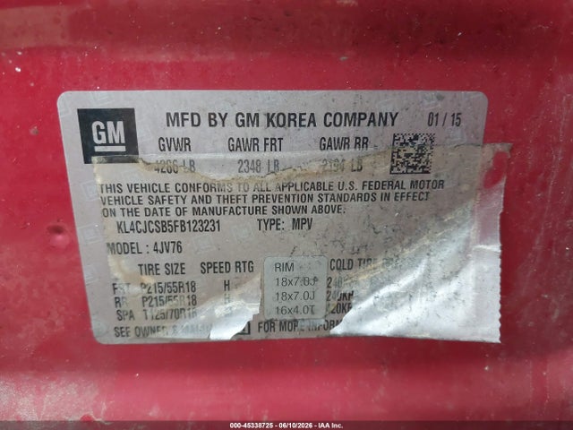 Продажа на аукционе авто 2015 Buick Encore Leather, vin: KL4CJCSB5FB123231, номер лота: 45338725