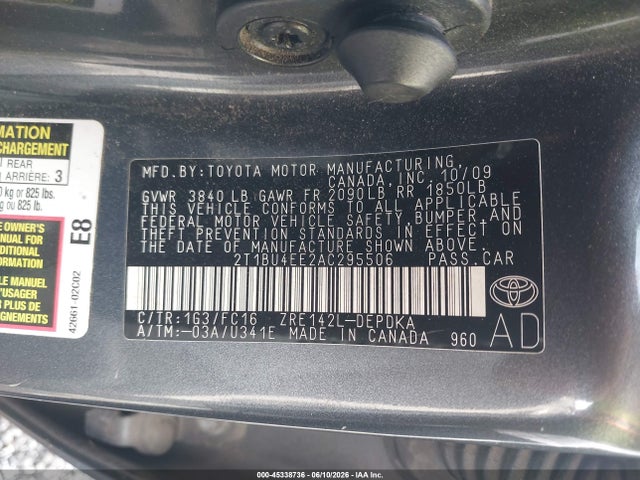 45338736 :رقم المزاد ، 2T1BU4EE2AC295506 vin ، 2010 Toyota Corolla Le مزاد بيع