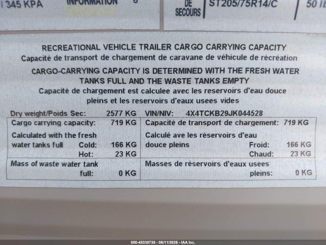 2018 Forest River Cherokee Grey Wolf Limited 26rl Travel Trailer მანქანა იყიდება აუქციონზე, vin: 4X4TCKB29JK044528, აუქციონის ნომერი: 45338738