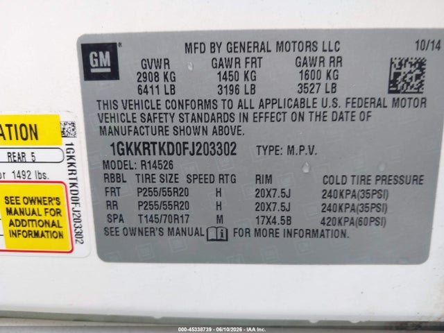 45338739 :رقم المزاد ، 1GKKRTKD0FJ203302 vin ، 2015 Gmc Acadia Denali مزاد بيع