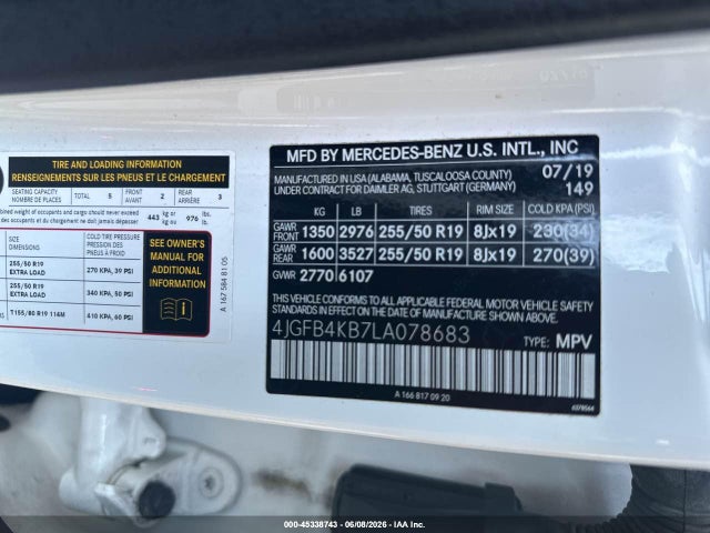 Aukcja sprzedaży 2020 Mercedes-benz Gle 350 4matic, vin: 4JGFB4KB7LA078683, numer aukcji: 45338743