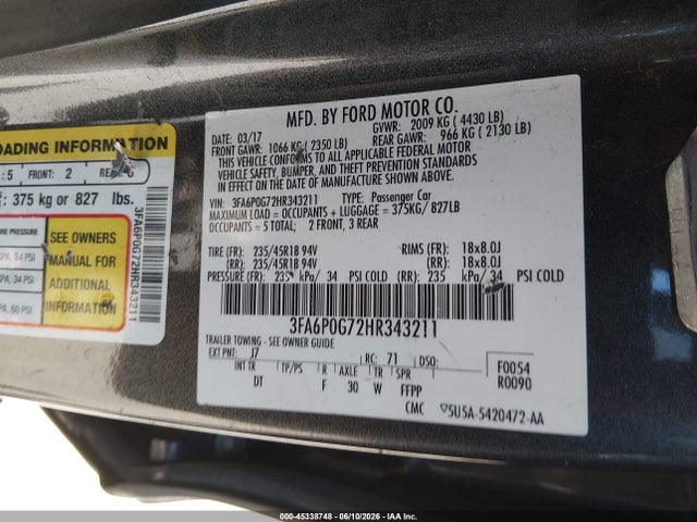 Продажа на аукционе авто 2017 Ford Fusion S, vin: 3FA6P0G72HR343211, номер лота: 45338748